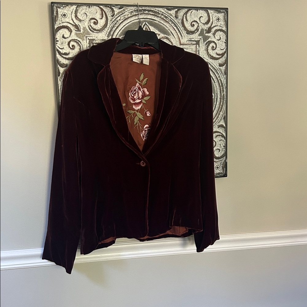 Felicias Velvet Maroon Blazer with Embroidered Lining